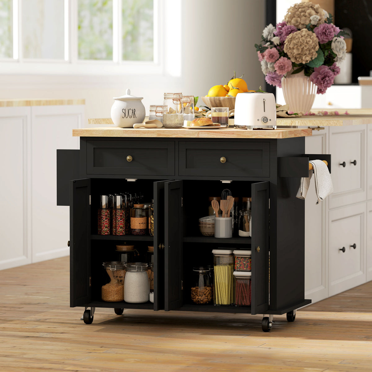 44" Mobile Kitchen Island Table, Kitchen Island Cart on Wheels with Storage Cabinets, 2 Drawers, Black