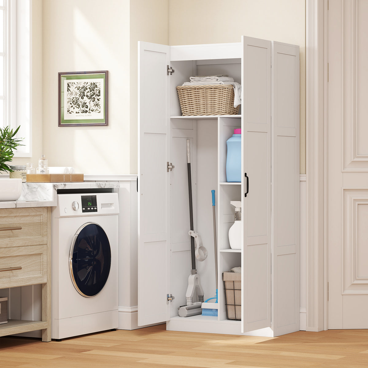 Farmhouse Pantry Cabinet, 71" Tall Kitchen Pantry Storage Cabinet with Soft-Close Hinges, Adjustable Shelves, White