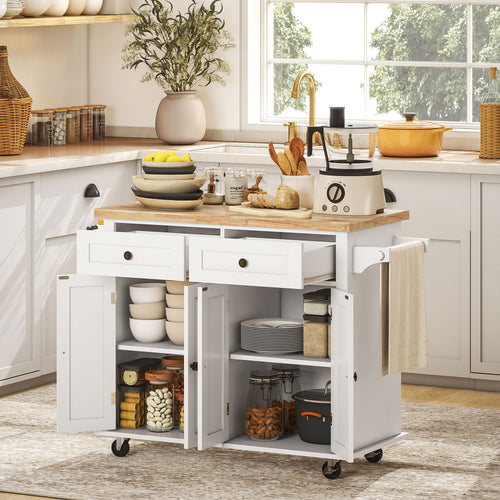 44" Mobile Kitchen Island Table, Kitchen Island Cart on Wheels with Storage Cabinets, 2 Drawers, White