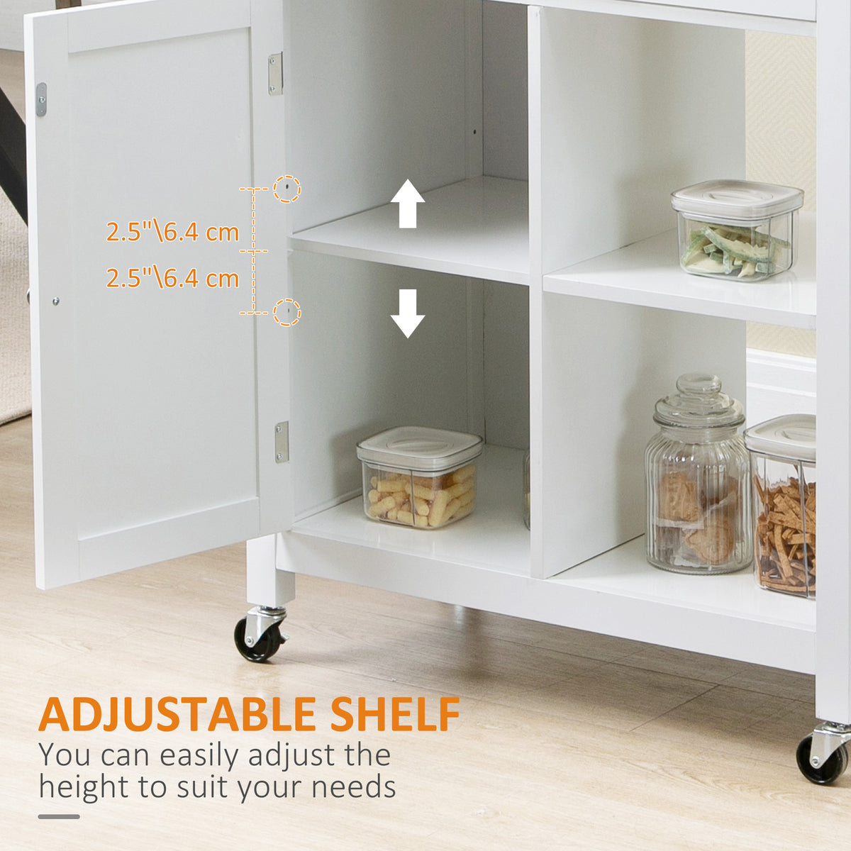 Kitchen Island Cart, Rolling Kitchen Island with Storage Shelf, Solid Wood Top, Drawer, for Dining Room, White