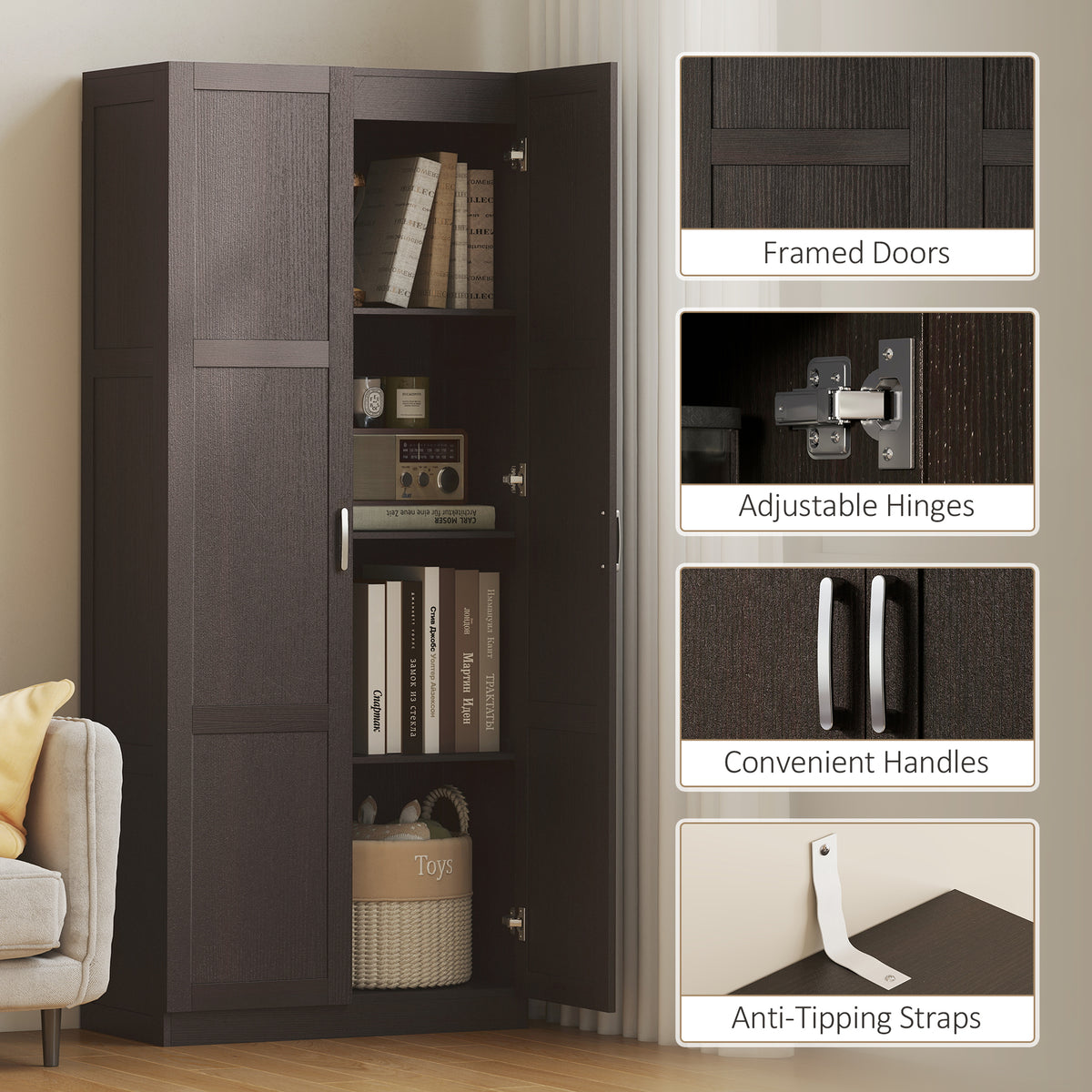 Farmhouse Pantry Cabinet, 71" Tall Kitchen Pantry Storage Cabinet with Soft-Close Hinges, Adjustable Shelves, Espresso