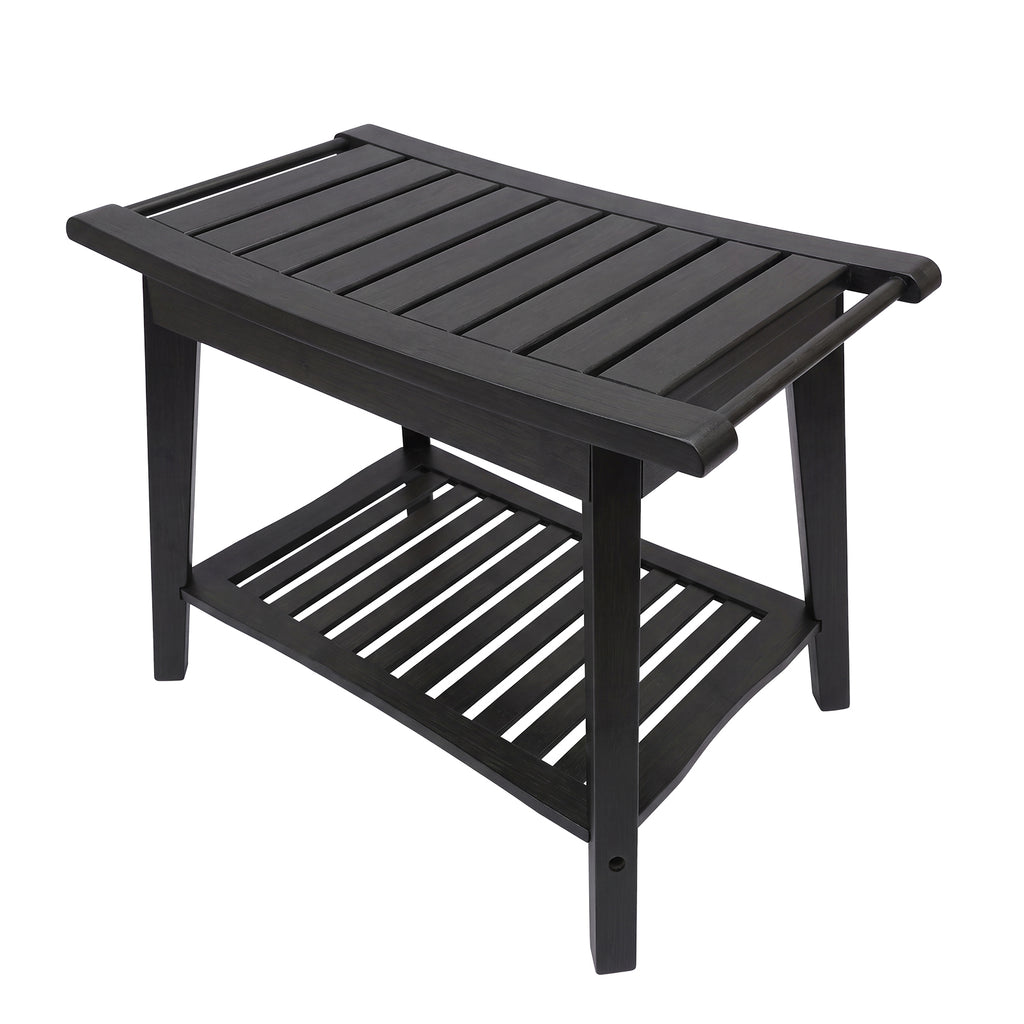 Shower Bench Wood Water Proof Ergonomic Shower Stool With Storage Shelf For Bathroom Spa Black