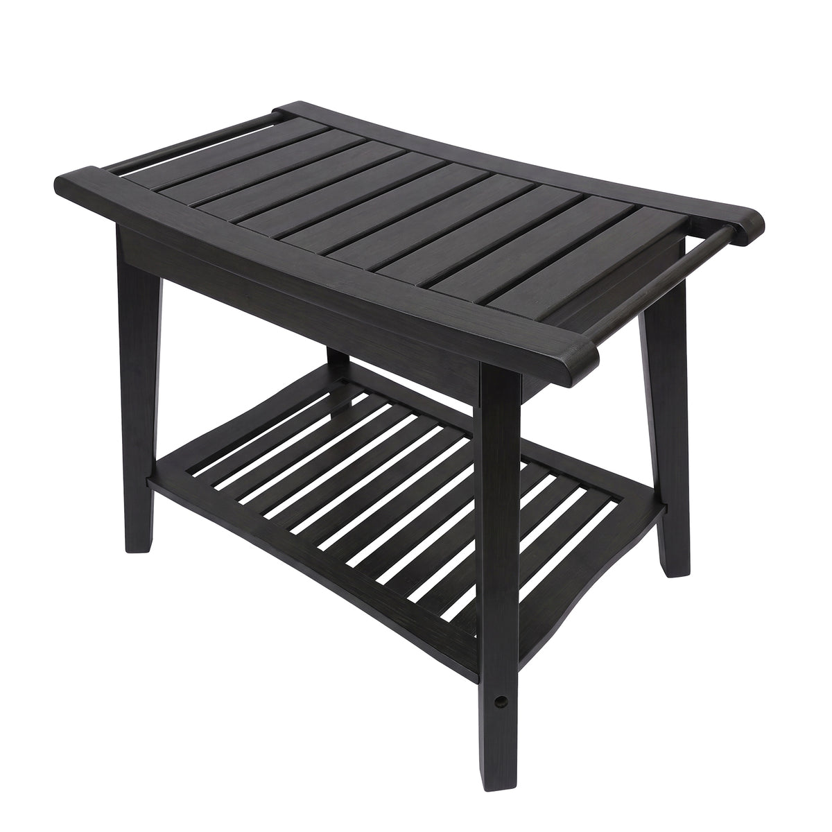 Shower Bench Wood Water Proof Ergonomic Shower Stool With Storage Shelf For Bathroom Spa Black