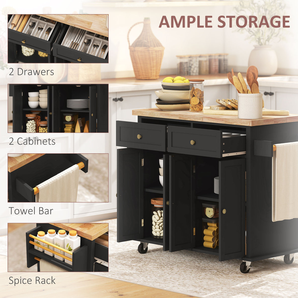 44" Mobile Kitchen Island Table, Kitchen Island Cart on Wheels with Storage Cabinets, 2 Drawers, Black