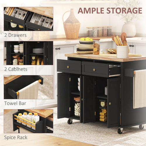 44" Mobile Kitchen Island Table, Kitchen Island Cart on Wheels with Storage Cabinets, 2 Drawers, Black
