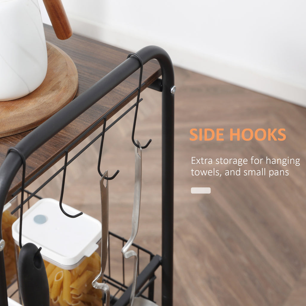 3 Tier Rolling Kitchen Cart with Storage, Kitchen Island Cart on Wheels with 2 Sliding Fruit Basket, Microwave Cart with Side Hooks for Dining Room, Walnut