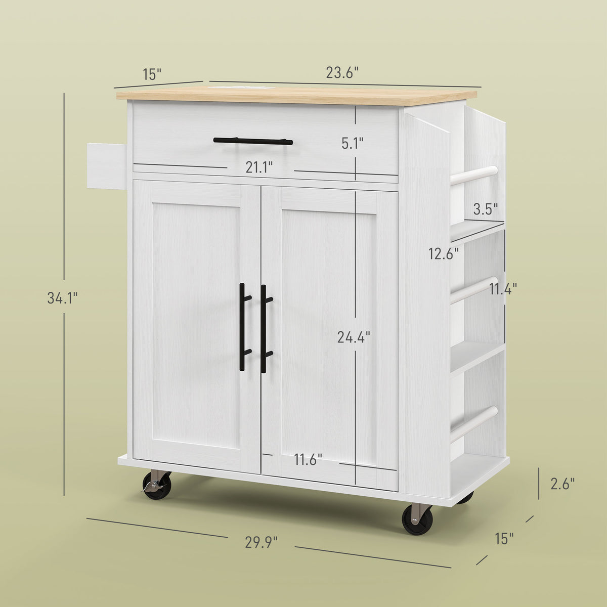 Rolling Island with Wheels for Kitchen, Kitchen Island on Rollers with Power Outlets, Drawer, and Doors, White