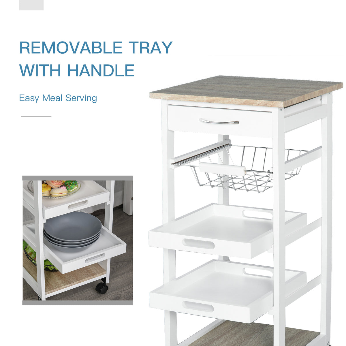 Mobile Kitchen Cart, Rolling Kitchen Island with Storage, Solid Wood Frame Utility Cart with Wire Fruit Baskets, Trays and Drawer, White
