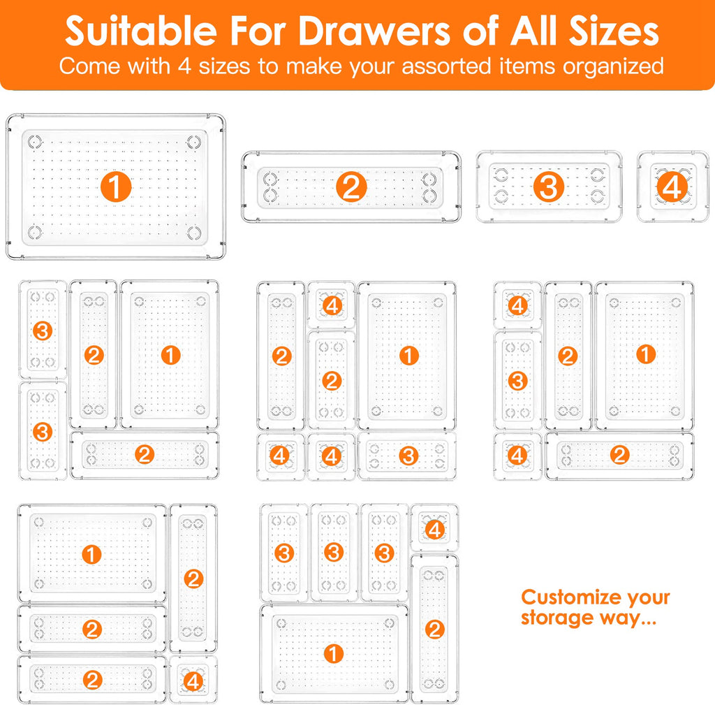 Clear Drawer Organizer Set — 25 Pieces in 4 Sizes
