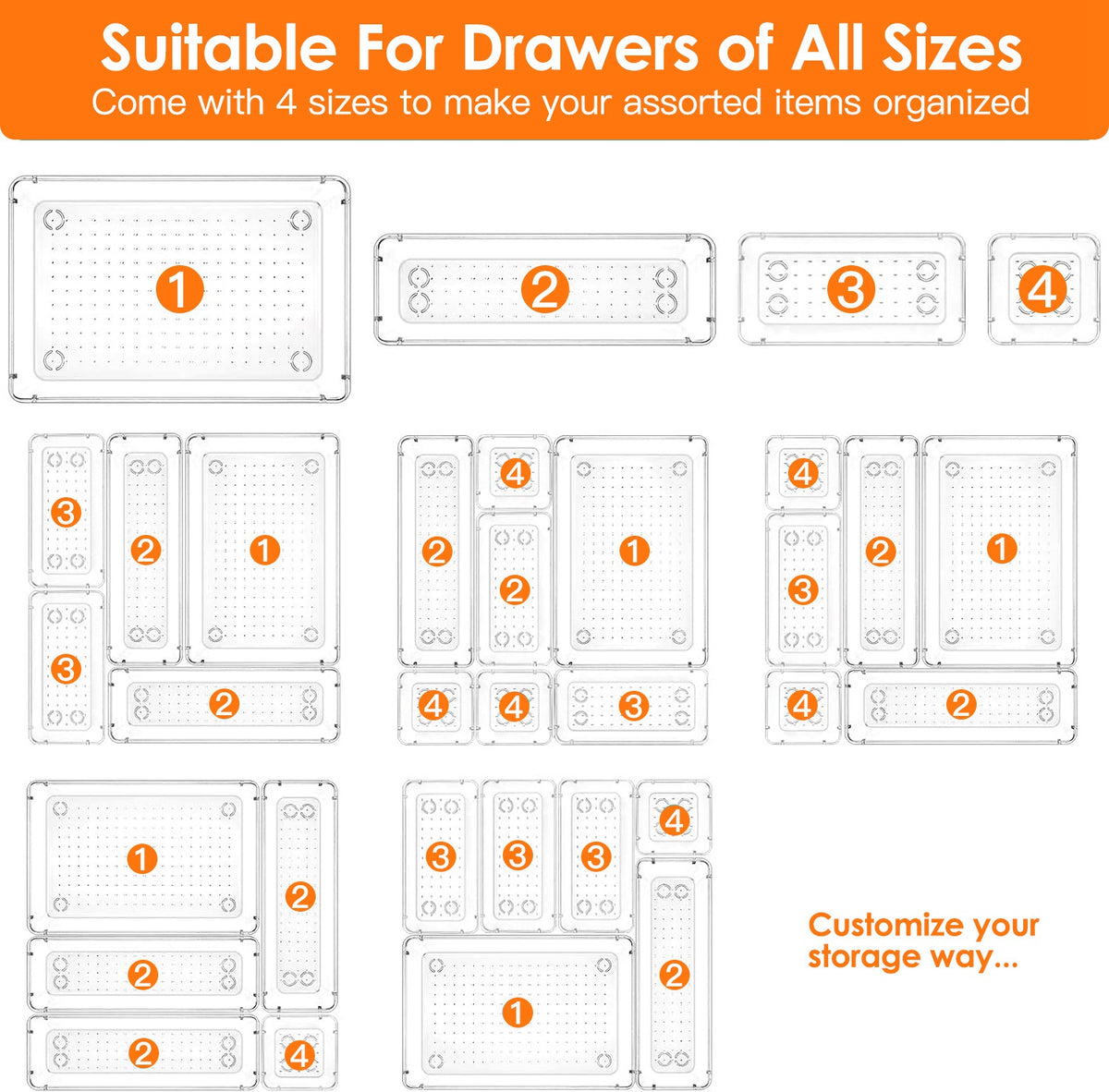 Clear Drawer Organizer Set — 25 Pieces in 4 Sizes