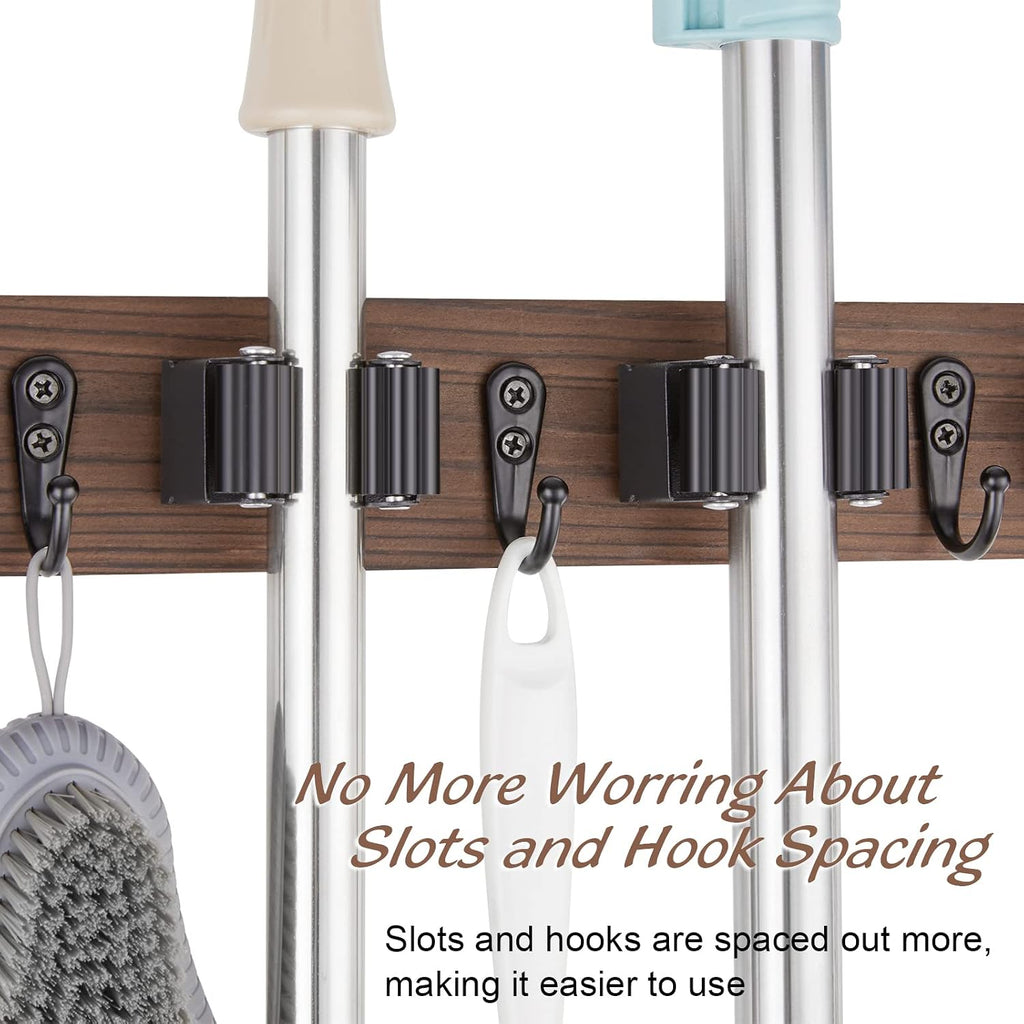 Wood Mop And Broom Holder Wall Mount, 4 Slots And 4 Hooks, Rustic Tool Rack For Garage, Closet, Laundry Room And Kitchen