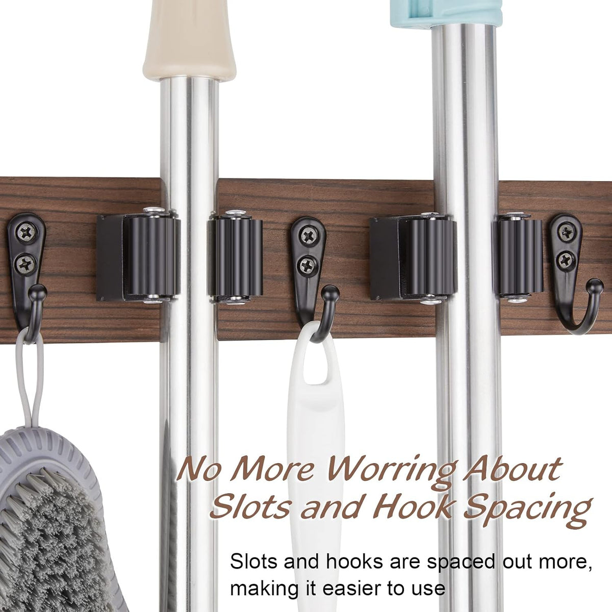 Wood Mop And Broom Holder Wall Mount, 4 Slots And 4 Hooks, Rustic Tool Rack For Garage, Closet, Laundry Room And Kitchen