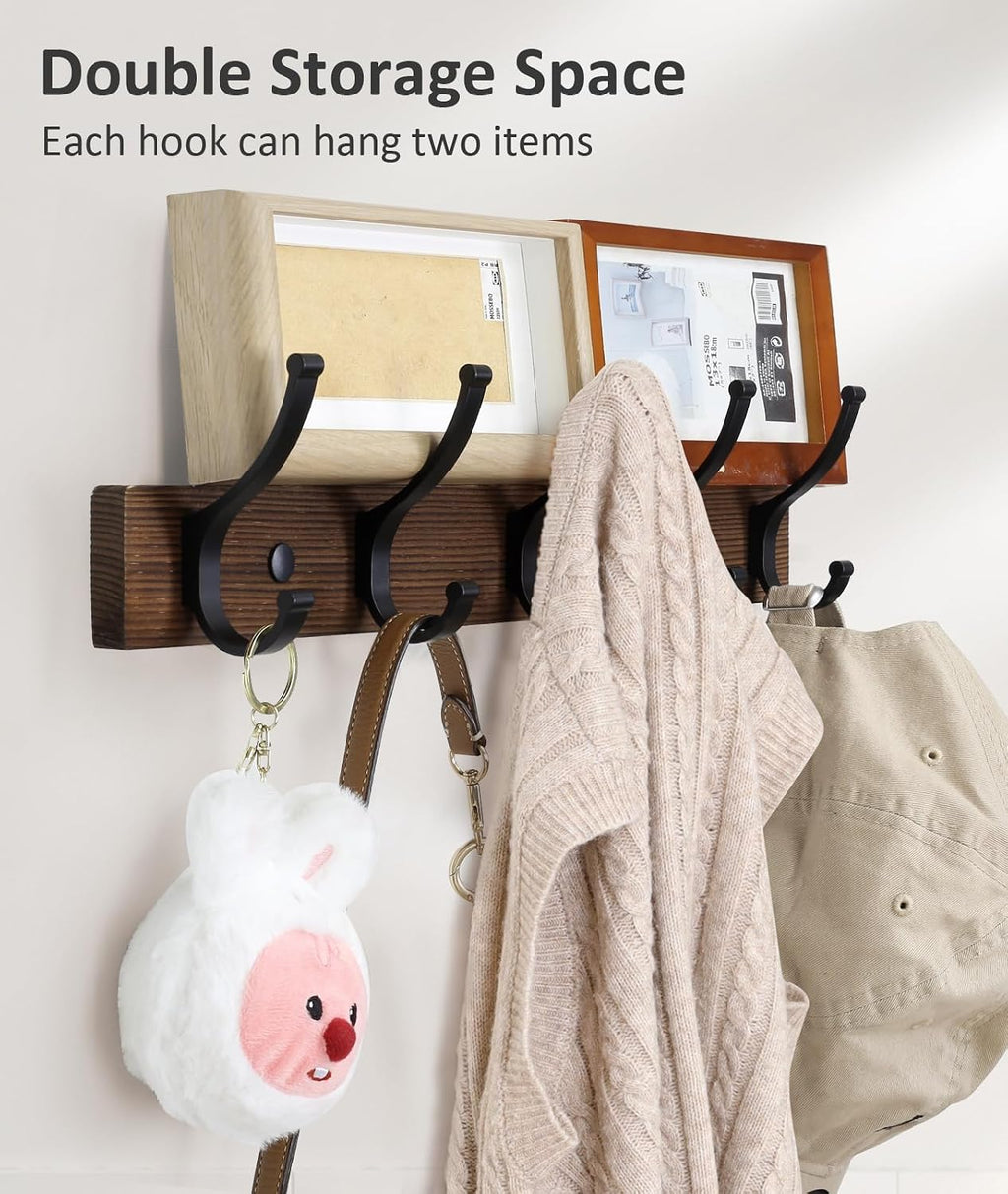 Wood Wall Mounted Coat Rack 1 Unit, 16.5 Inch Brown Rack With Hooks For Coats, Hats, Bags, Keys, Towels And Purses
