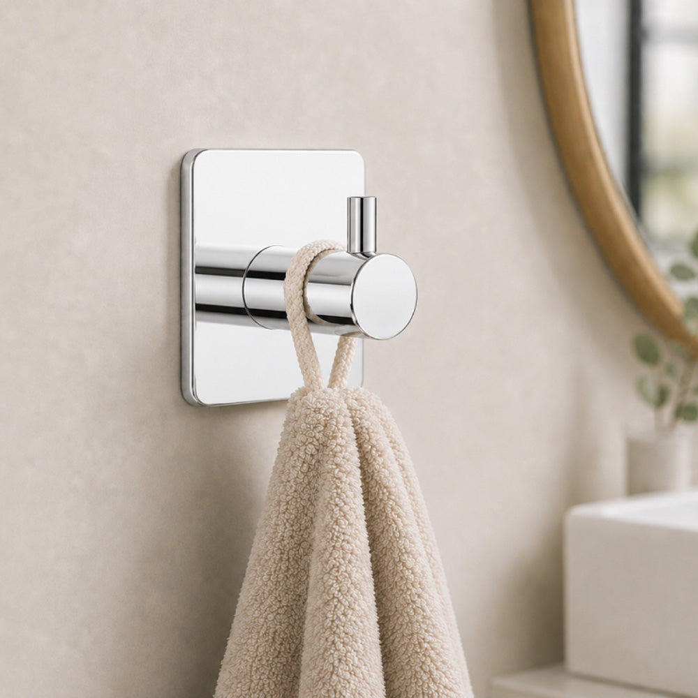 2pcs Adhesive Towel Hook, Stainless Steel Square Wall Hook For Bathroom, No Drill Robe Towel Hanger For Smooth Hard Surfaces