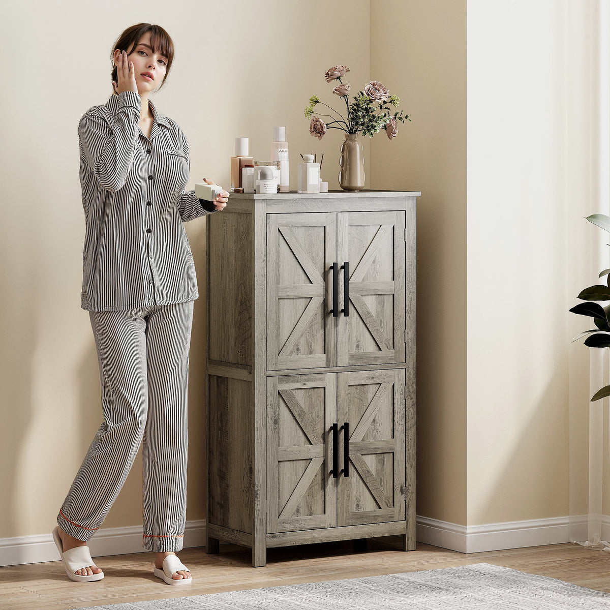 Bathroom Floor Storage Cabinet, Farmhouse Bathroom Cabinet with 4 Doors and Adjustable Shelf, Light Gray