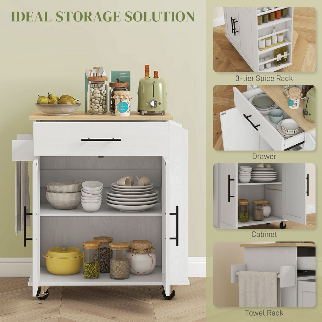 Rolling Island with Wheels for Kitchen, Kitchen Island on Rollers with Power Outlets, Drawer, and Doors, White