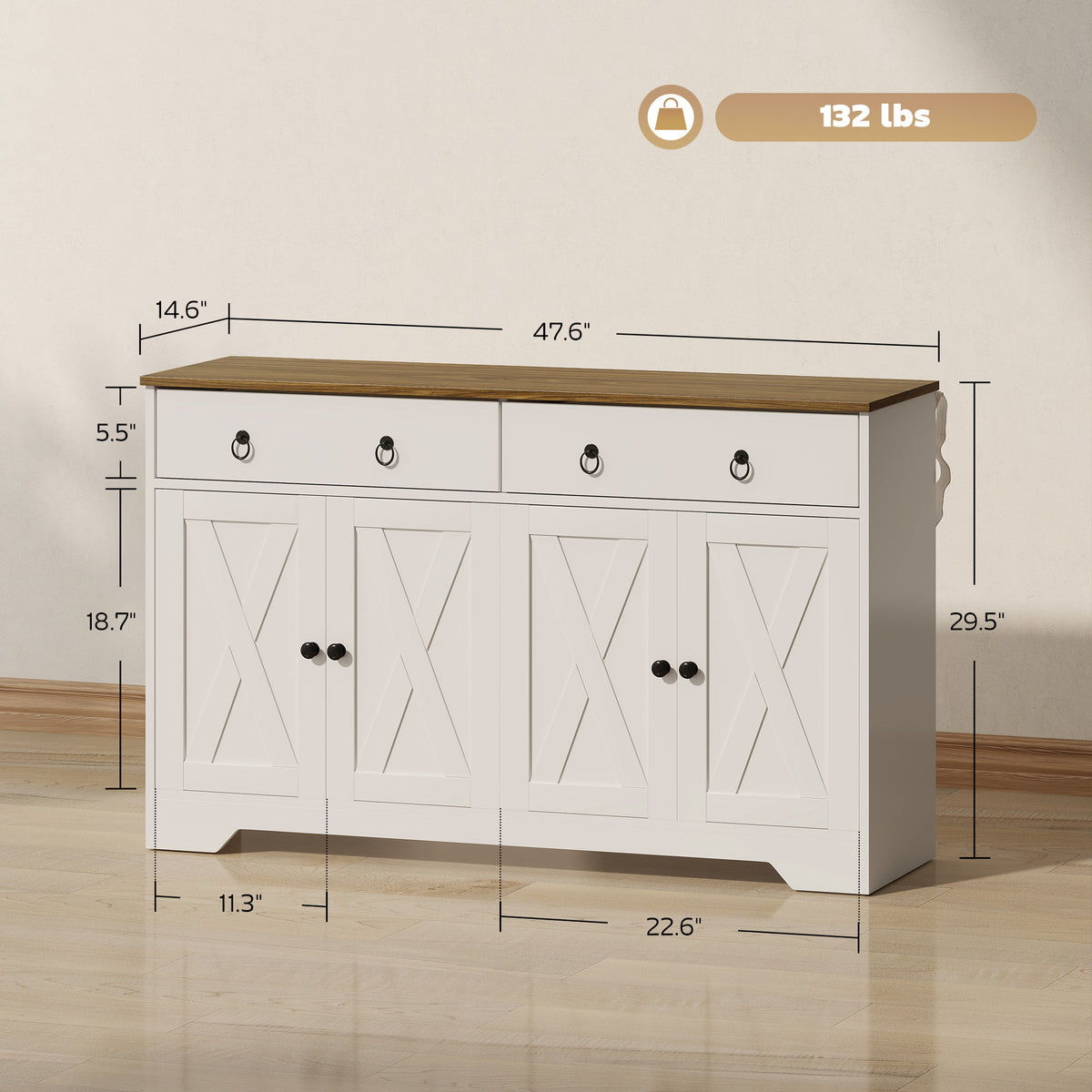 Kitchen Storage Sideboard, Farmhouse Buffet Cabinet with Barn Style Doors, Drawers, Adjustable Shelves, White