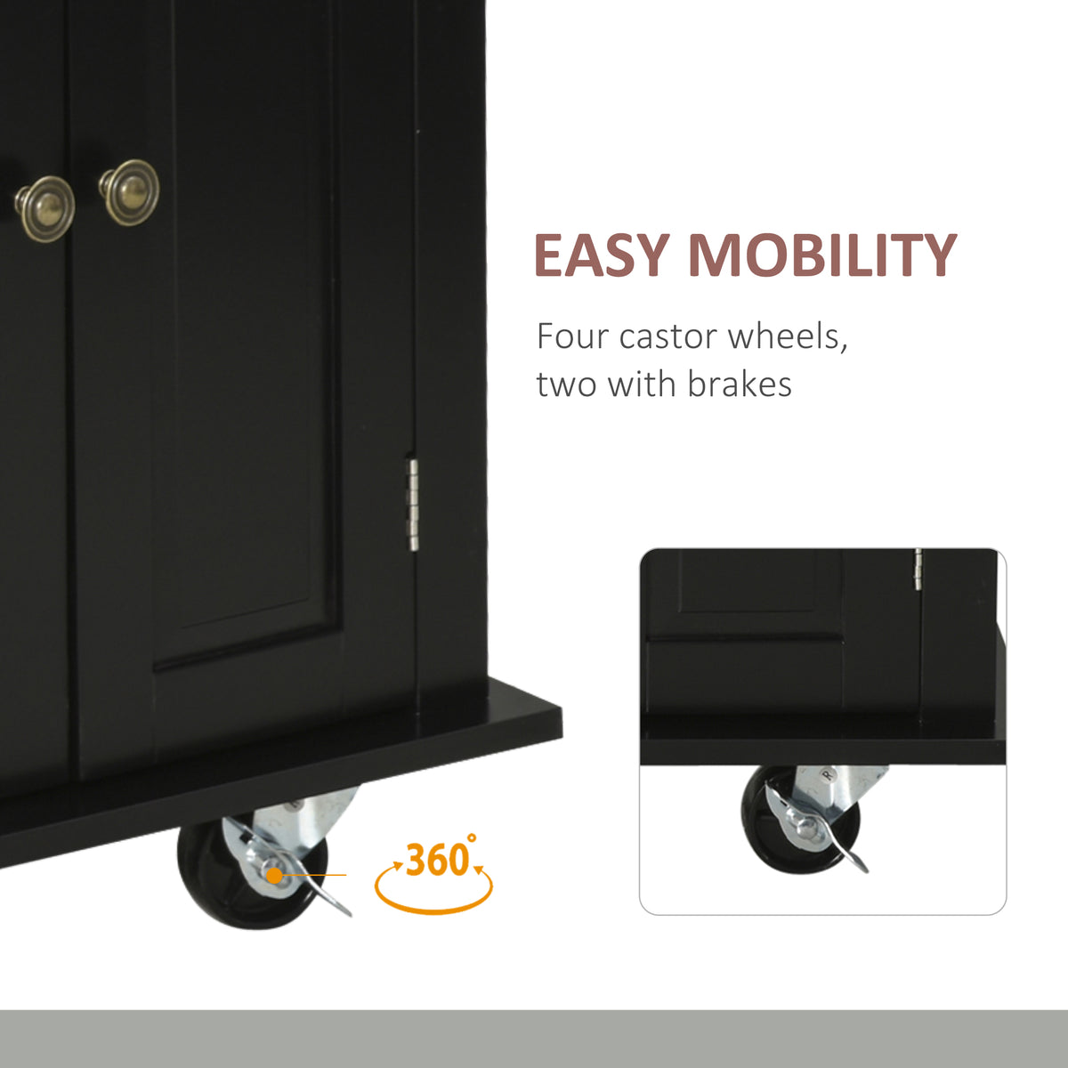 44" Mobile Kitchen Island Table, Kitchen Island Cart on Wheels with Storage Cabinets, 2 Drawers, Black