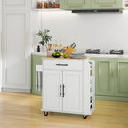 Rolling Island with Wheels for Kitchen, Kitchen Island on Rollers with Power Outlets, Drawer, and Doors, White