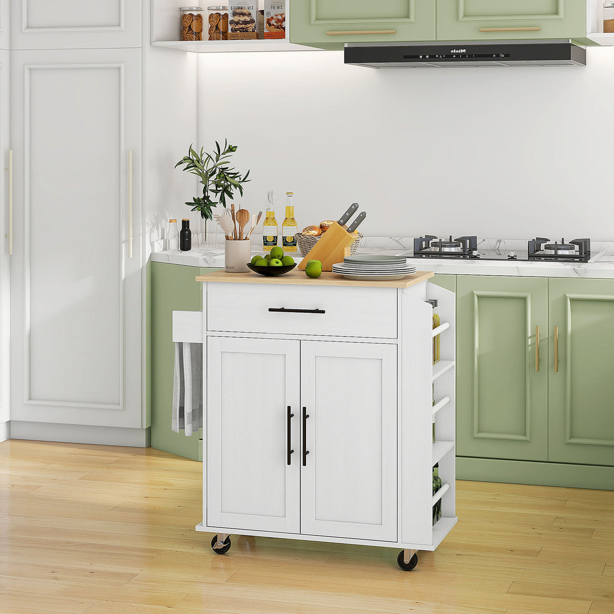 Rolling Island with Wheels for Kitchen, Kitchen Island on Rollers with Power Outlets, Drawer, and Doors, White