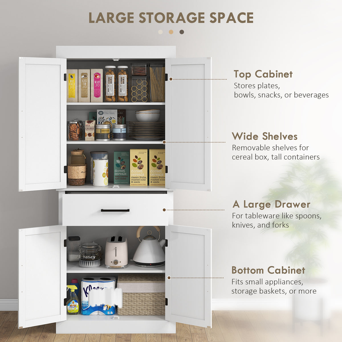 72" Tall Kitchen Cabinet, Kitchen Pantry Cabinet with Barn Doors, Drawer, 5-Tier Shelf and Adjustable Shelves, White