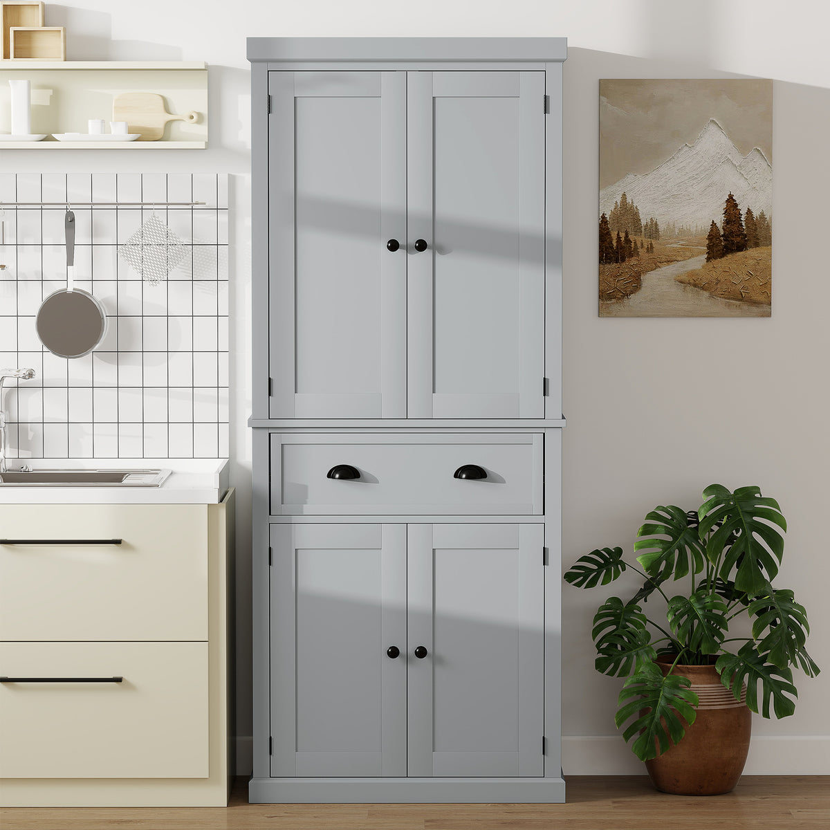 72.5" Kitchen Cabinet, Pantry Storage Cabinet with Doors and Shelves, Freestanding Food Pantry Cabinet, Gray