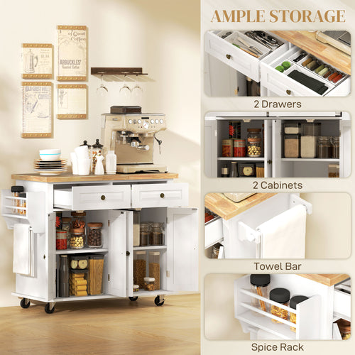 44" Mobile Kitchen Island Table, Kitchen Island Cart on Wheels with Storage Cabinets, 2 Drawers, White