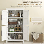 Bathroom Floor Storage Cabinet, Farmhouse Bathroom Cabinet with 4 Doors and Adjustable Shelf, White
