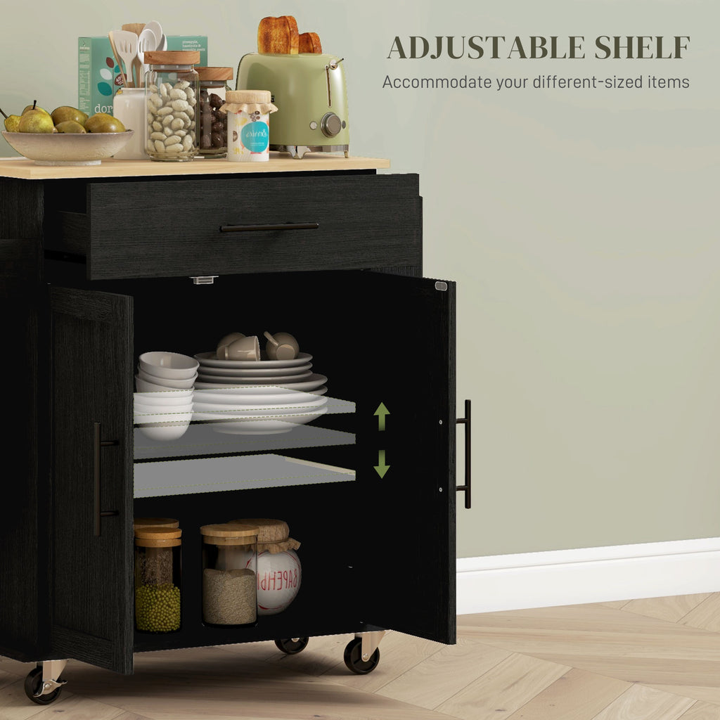 Rolling Island with Wheels for Kitchen, Kitchen Island on Rollers with Power Outlets, Drawer, and Doors, Black