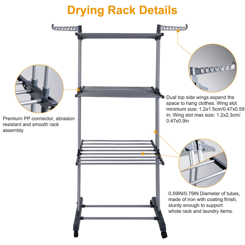 1Pc Clothes Drying Rack Rolling Collapsible Laundry Dryer Hanger Stand Rail Shelve Wardrobe Clothing Drying Racks With Dual Side Wings