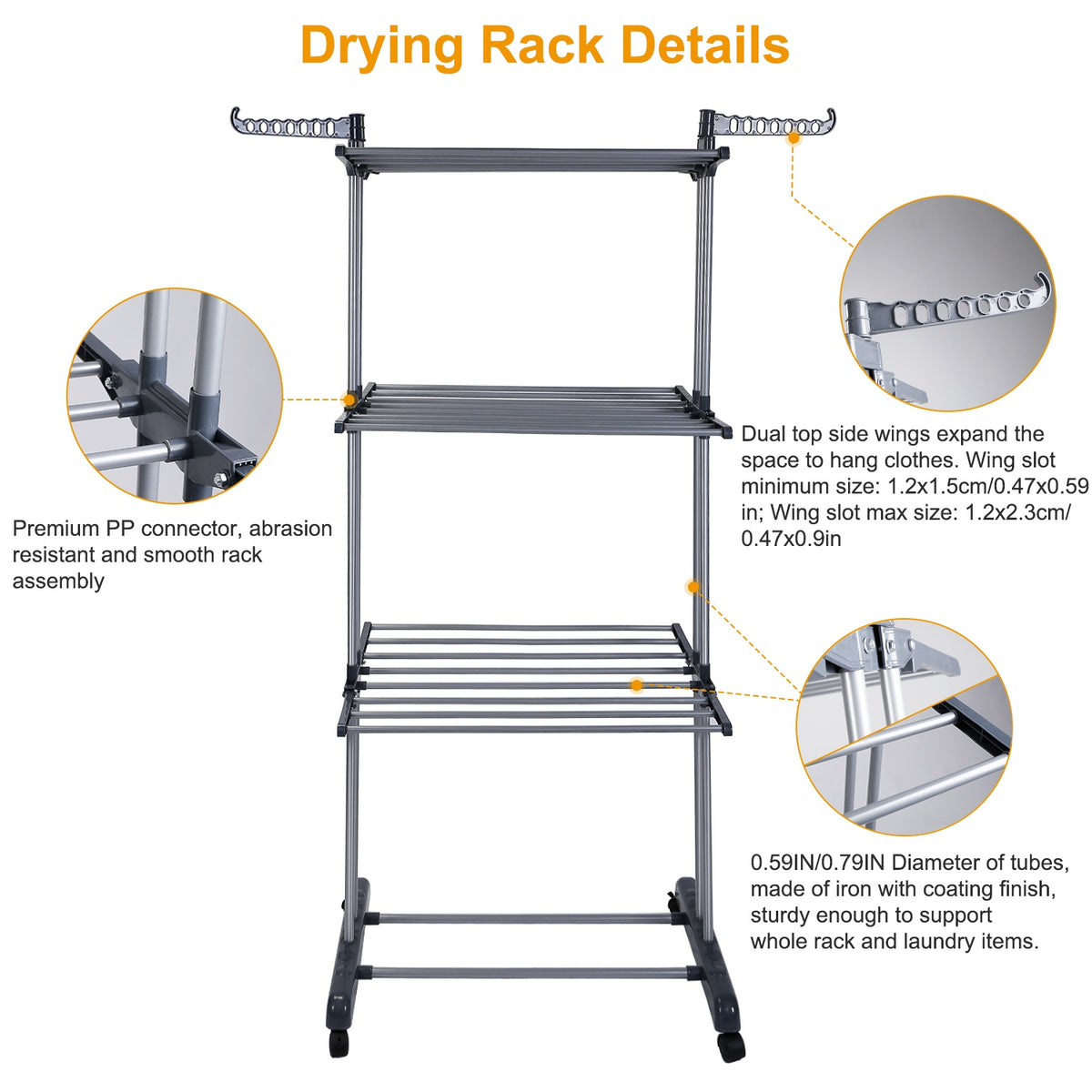 1Pc Clothes Drying Rack Rolling Collapsible Laundry Dryer Hanger Stand Rail Shelve Wardrobe Clothing Drying Racks With Dual Side Wings