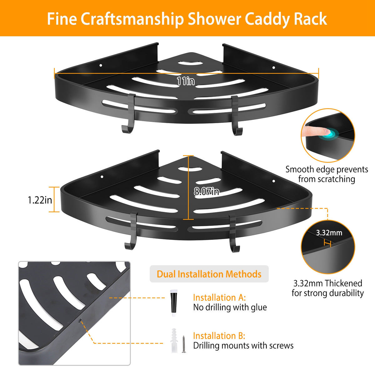 2Pcs Corner Shower Caddy Shelf Adhesive Bathroom Wall Mounted Storage Racks Aluminum Organizers For Bathroom Toilet Kitchen Dorm