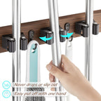 Wood Mop And Broom Holder Wall Mount, 4 Slots And 4 Hooks, Rustic Tool Rack For Garage, Closet, Laundry Room And Kitchen