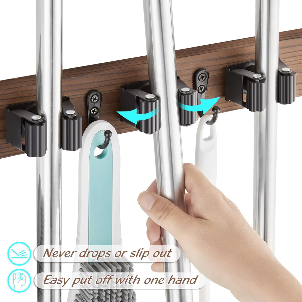 Wood Mop And Broom Holder Wall Mount, 4 Slots And 4 Hooks, Rustic Tool Rack For Garage, Closet, Laundry Room And Kitchen