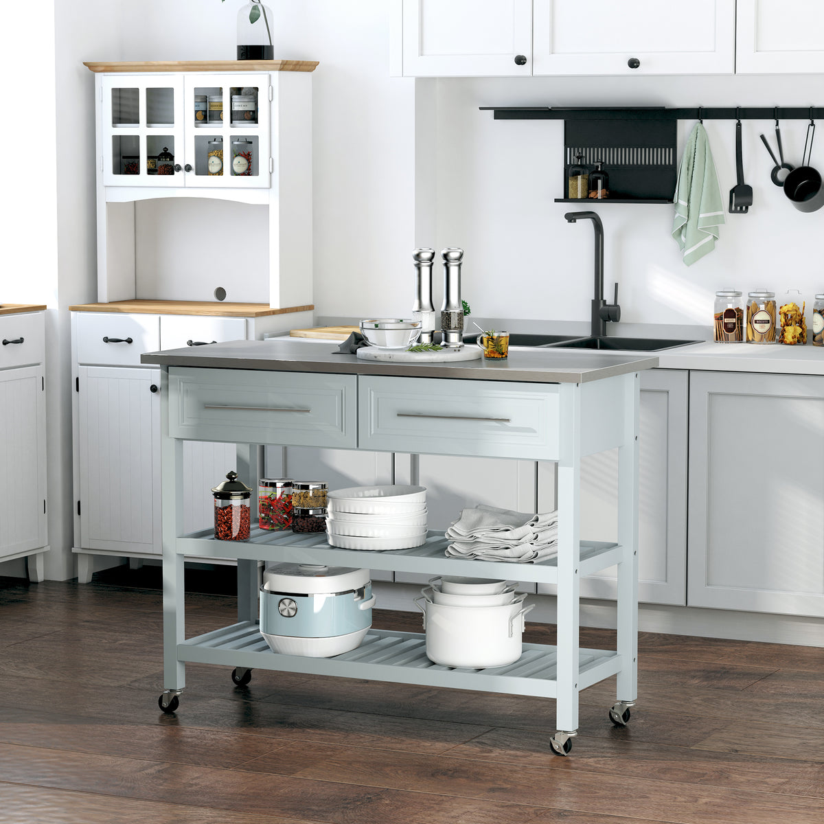 Kitchen Island with Stainless Steel Top, Traditional Kitchen Island with Storage, Butcher Block Cart 2-Tier Open Shelves, Drawers, Light Gray
