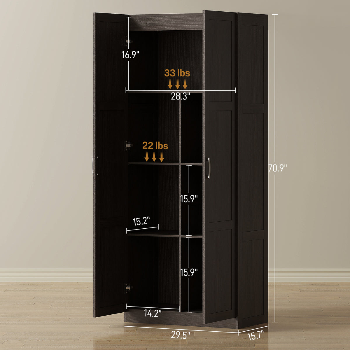 Farmhouse Pantry Cabinet, 71" Tall Kitchen Pantry Storage Cabinet with Soft-Close Hinges, Adjustable Shelves, Espresso