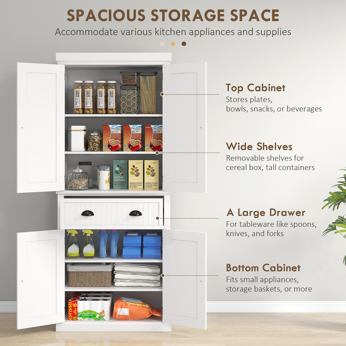 72" Kitchen Cabinet, Pantry Storage Cabinet with Doors and Shelves