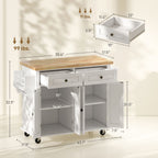 44" Mobile Kitchen Island Table, Kitchen Island Cart on Wheels with Storage Cabinets, 2 Drawers, White