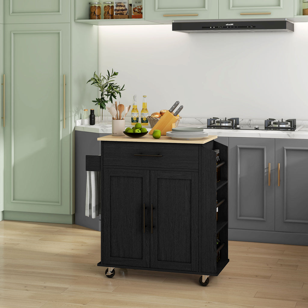 Rolling Island with Wheels for Kitchen, Kitchen Island on Rollers with Power Outlets, Drawer, and Doors, Black