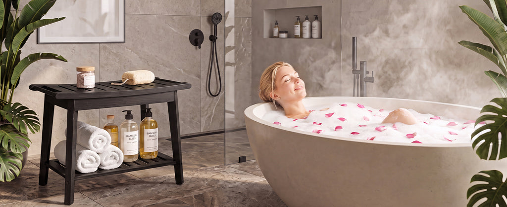 Shower Bench Wood Water Proof Ergonomic Shower Stool With Storage Shelf For Bathroom Spa Black