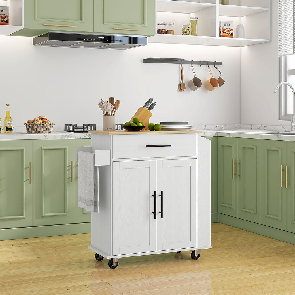 Rolling Island with Wheels for Kitchen, Kitchen Island on Rollers with Power Outlets, Drawer, and Doors, White
