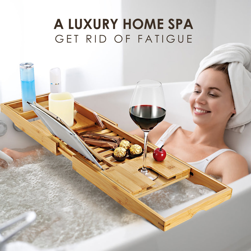 1Pc Bathtub Caddy Tray Crafted Bamboo Bath Tray Table Extendable Reading Rack Tablet Phone Holder Wine Glass Holder Shelf Desk Bathroom Spa