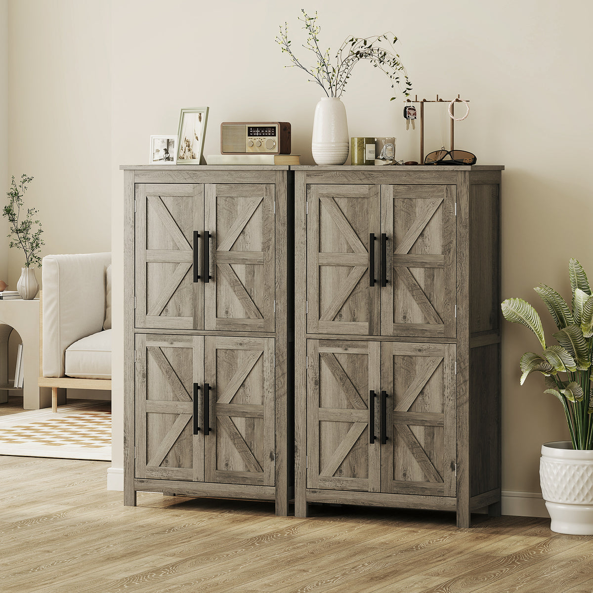 Bathroom Floor Storage Cabinet, Farmhouse Bathroom Cabinet with 4 Doors and Adjustable Shelf, Light Gray