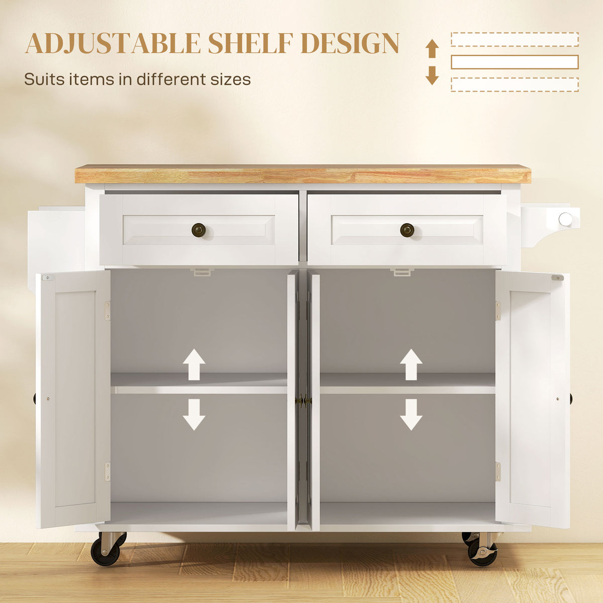 44" Mobile Kitchen Island Table, Kitchen Island Cart on Wheels with Storage Cabinets, 2 Drawers, White