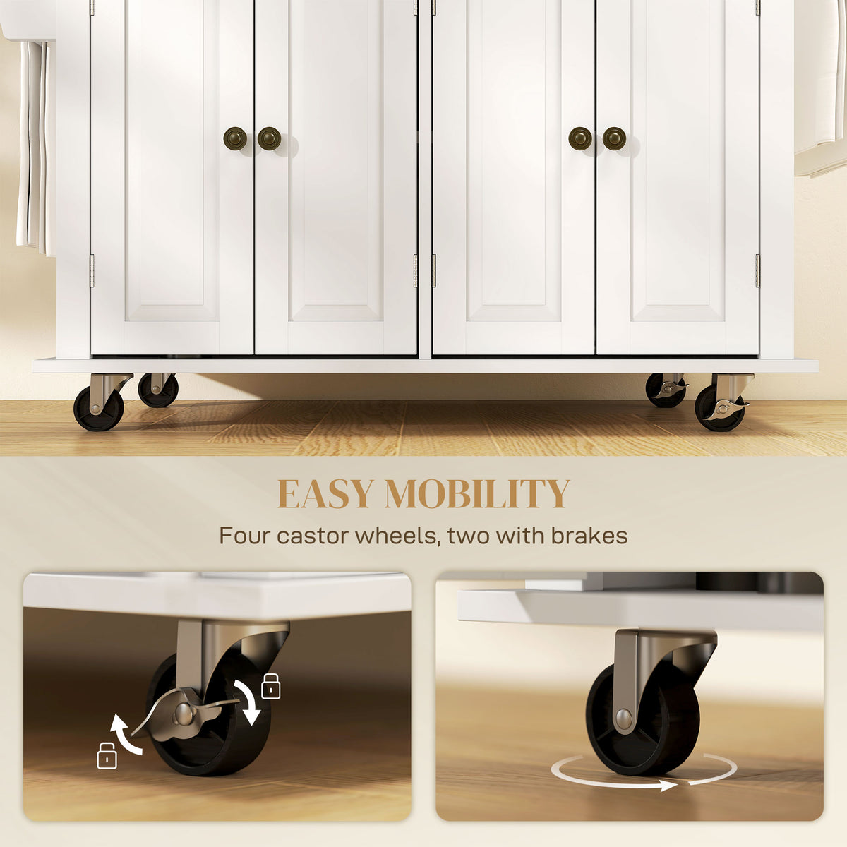 44" Mobile Kitchen Island Table, Kitchen Island Cart on Wheels with Storage Cabinets, 2 Drawers, White