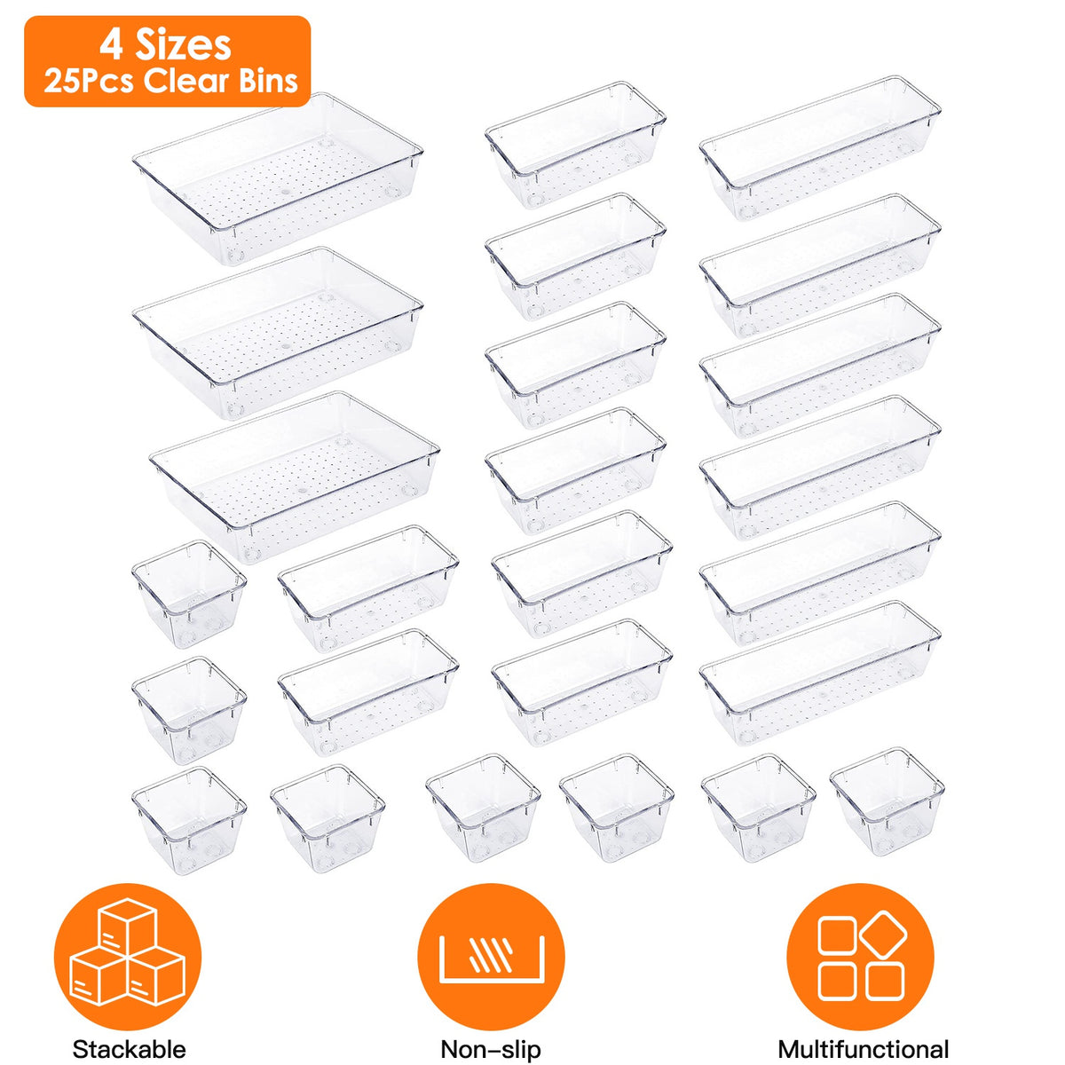 Clear Drawer Organizer Set — 25 Pieces in 4 Sizes