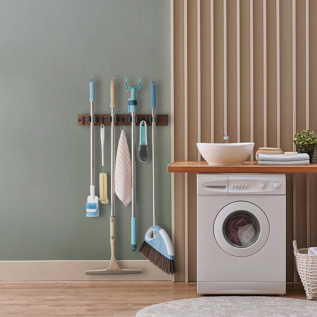 Wood Mop And Broom Holder Wall Mount, 4 Slots And 4 Hooks, Rustic Tool Rack For Garage, Closet, Laundry Room And Kitchen