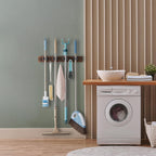 Wood Mop And Broom Holder Wall Mount, 4 Slots And 4 Hooks, Rustic Tool Rack For Garage, Closet, Laundry Room And Kitchen