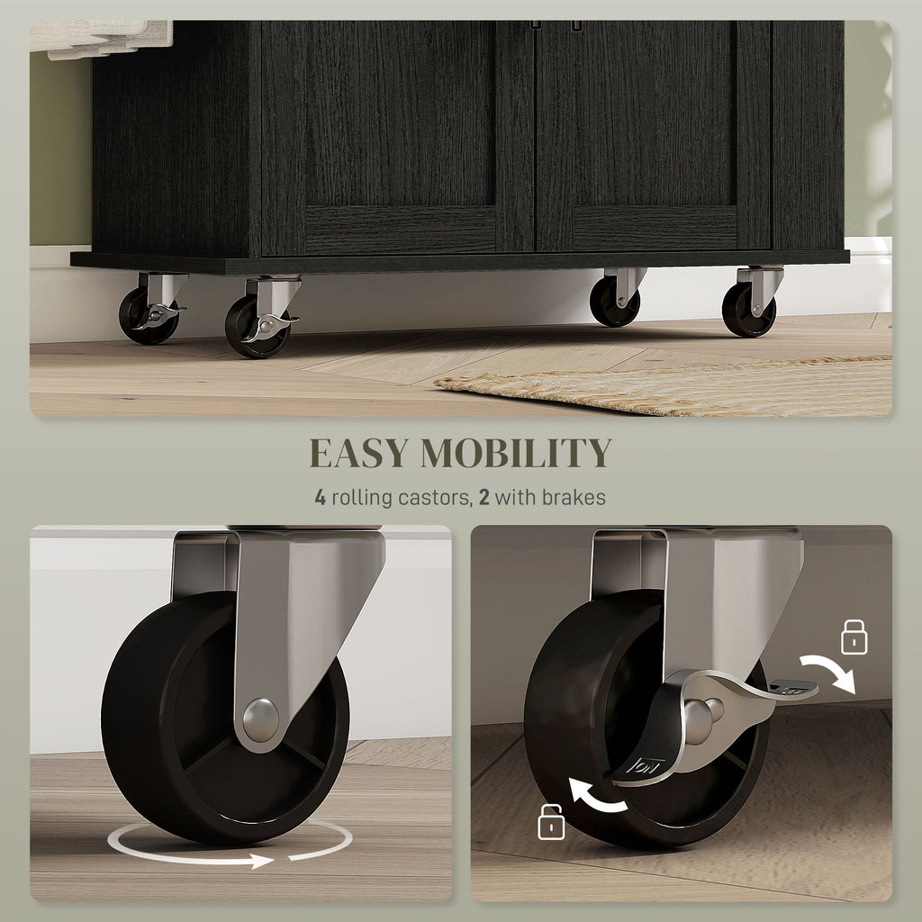 Rolling Island with Wheels for Kitchen, Kitchen Island on Rollers with Power Outlets, Drawer, and Doors, Black