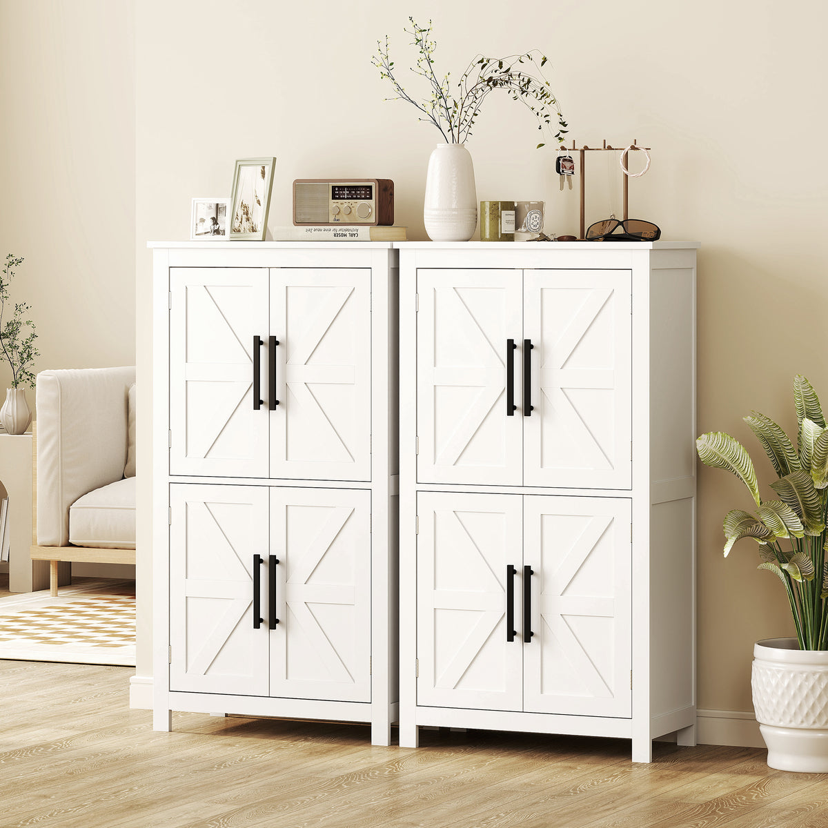 Bathroom Floor Storage Cabinet, Farmhouse Bathroom Cabinet with 4 Doors and Adjustable Shelf, White